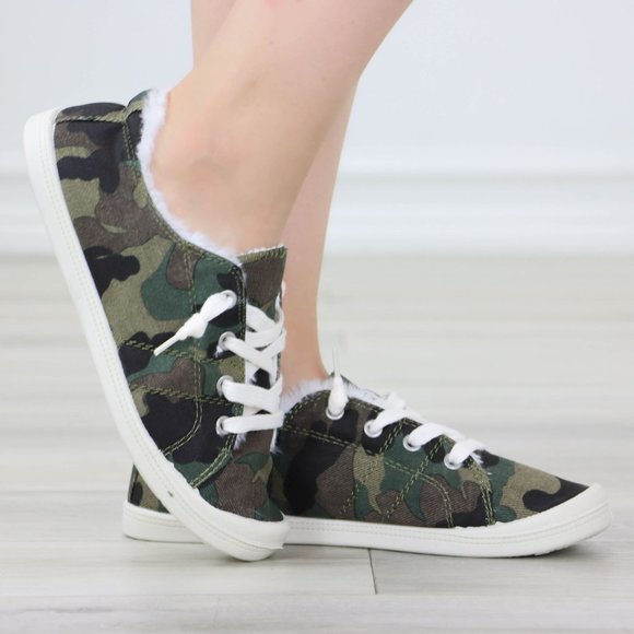 Camouflage Women's Flat Sneakers Canvas Lace Up Round Toe Warm Knit Lining - Picture 9 of 13